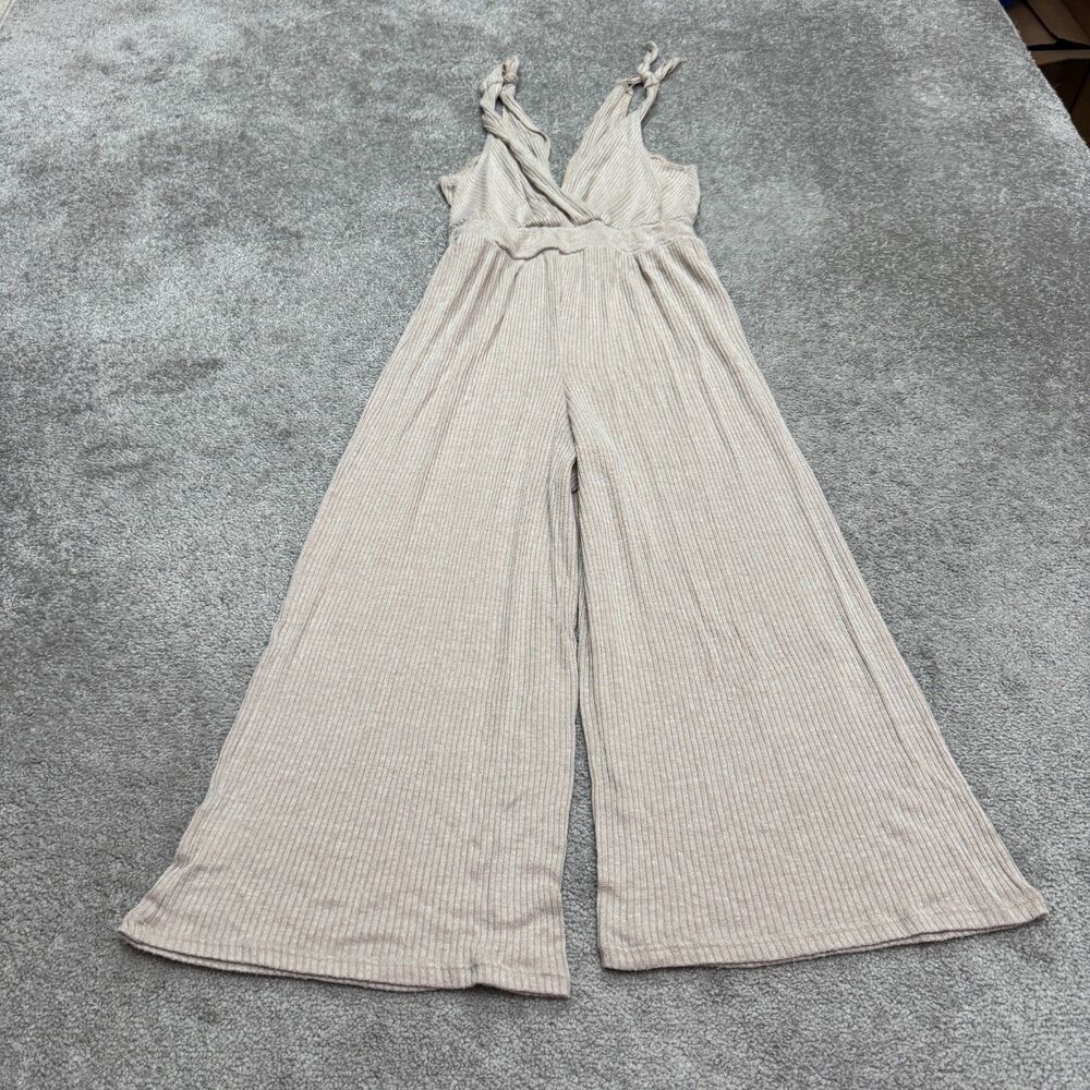 Kennedy Kened IK Ribbed Knit Wide Leg Wrap Jumpsuit Womens Small Beige Tie Strap